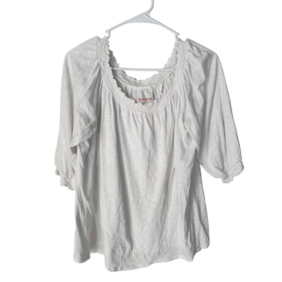 Knox Rose Tops - Knox Rose White Smocked Ruffle Neck Slub Knit‎ Boho Peasant Top Medium
